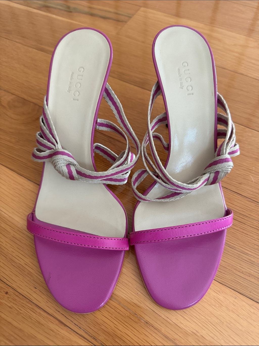 Gucci Fuchsia Leather Strappy Sandal With Striped Canvas Wrap